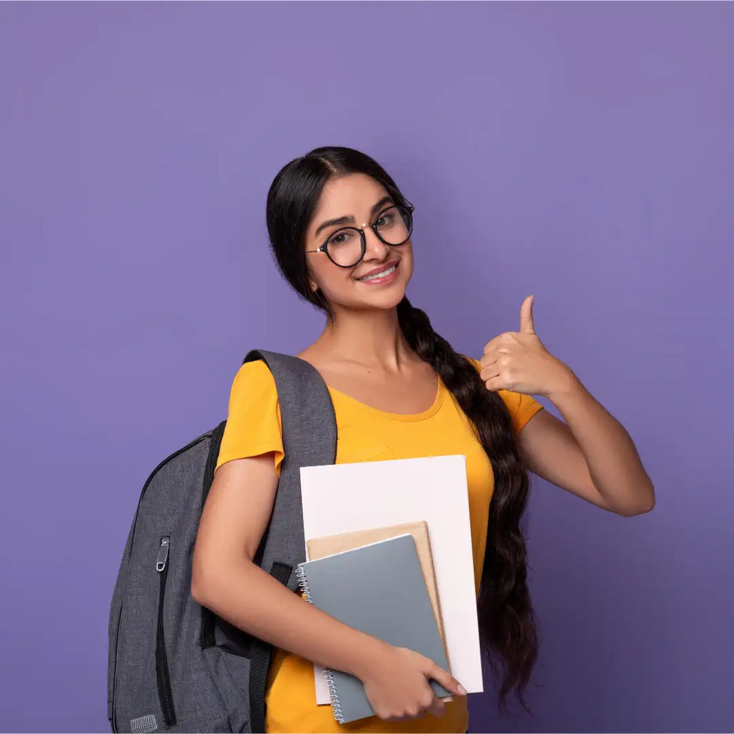 Woman with a backpack and books giving a thumbs up against a purple background
